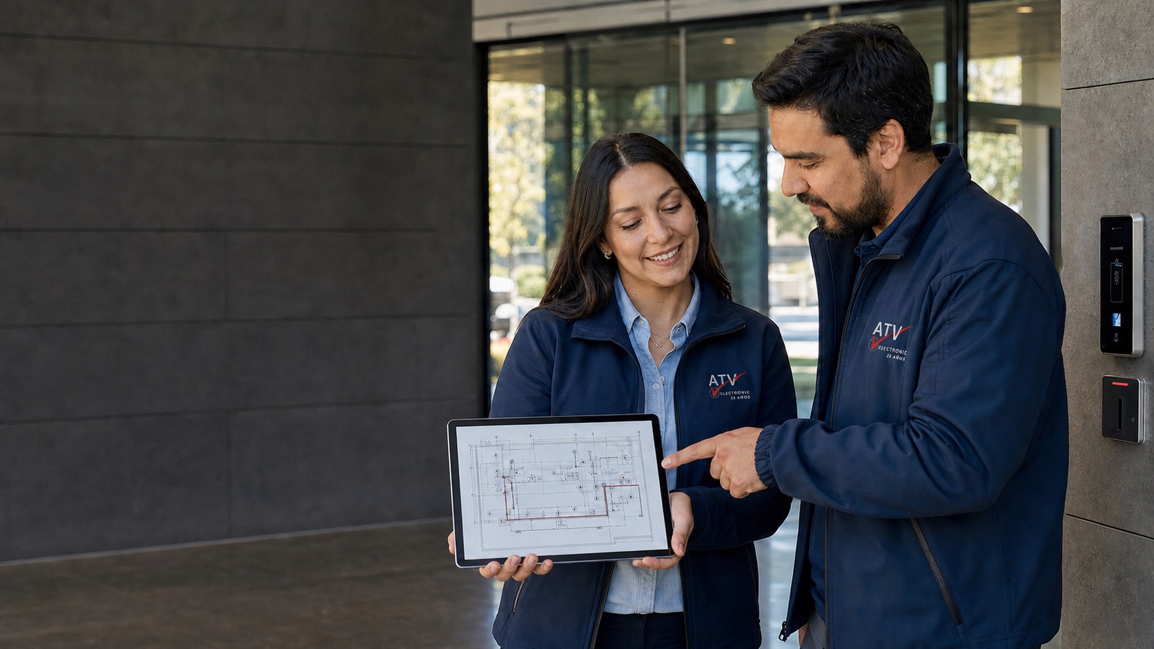 Vendedora y técnico ATV revisando el plano de un proyecto de control de accesos
